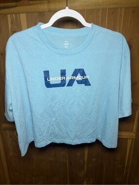 Under Armour Light Blue Crop Tee with Navy UA Logo - Women's